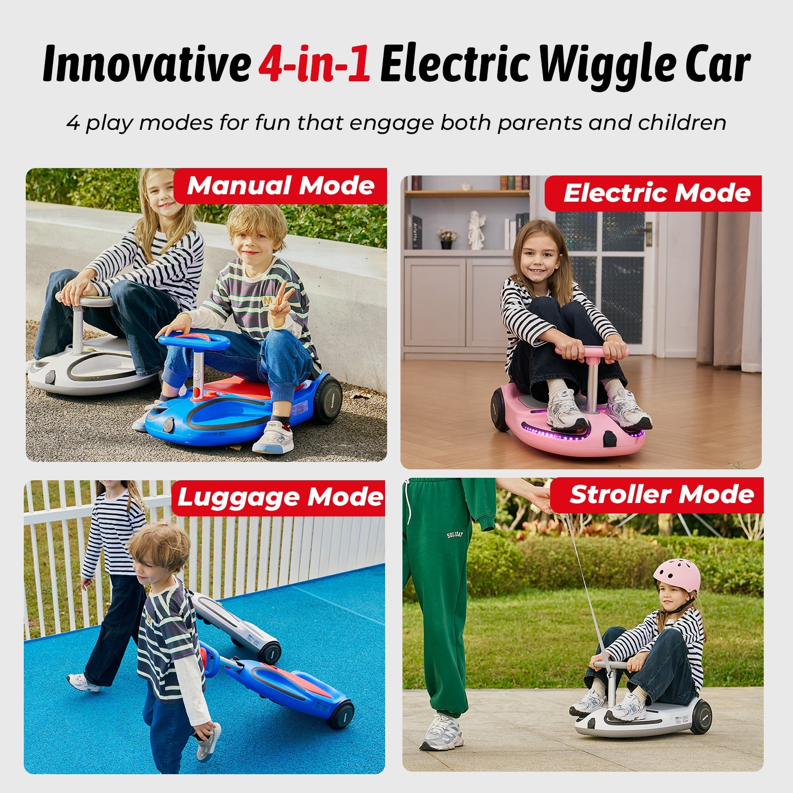 TC3 Electric Wiggle Car 4 in 1 Ride on Toy 3 Speed Modes For Ages 3+ with Lithium Rechargeable Battery&Pull Rope