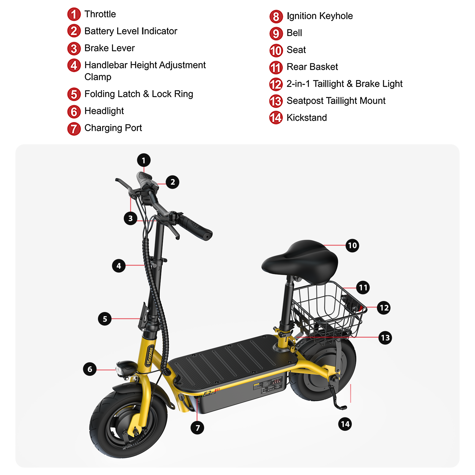 F2 Electric Scooter with Seat 10" Pneumatic Tire Yellow