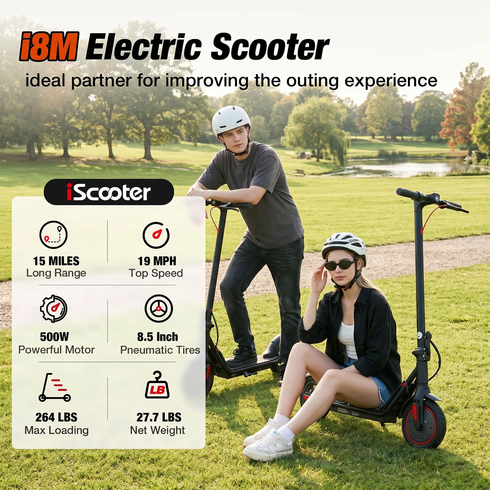 i8M Electric Scooter 15 Miles Long Range, 19 MPH Top Speed