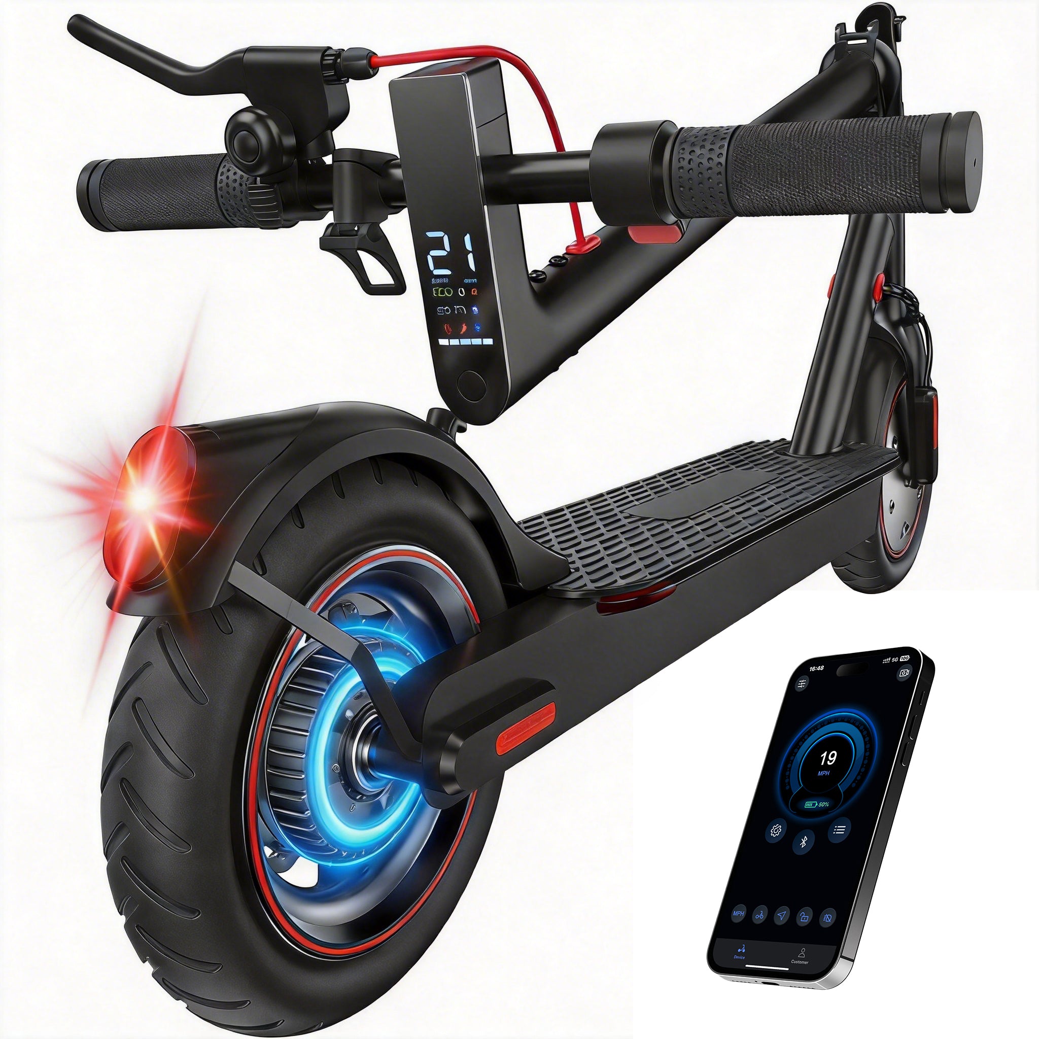 Electric Scooter with APP Control, LED Display,21 Miles Foldable Commuter E-Scooter for Adults,8.5" Pneumatic Tires,3 Gears and Headlight