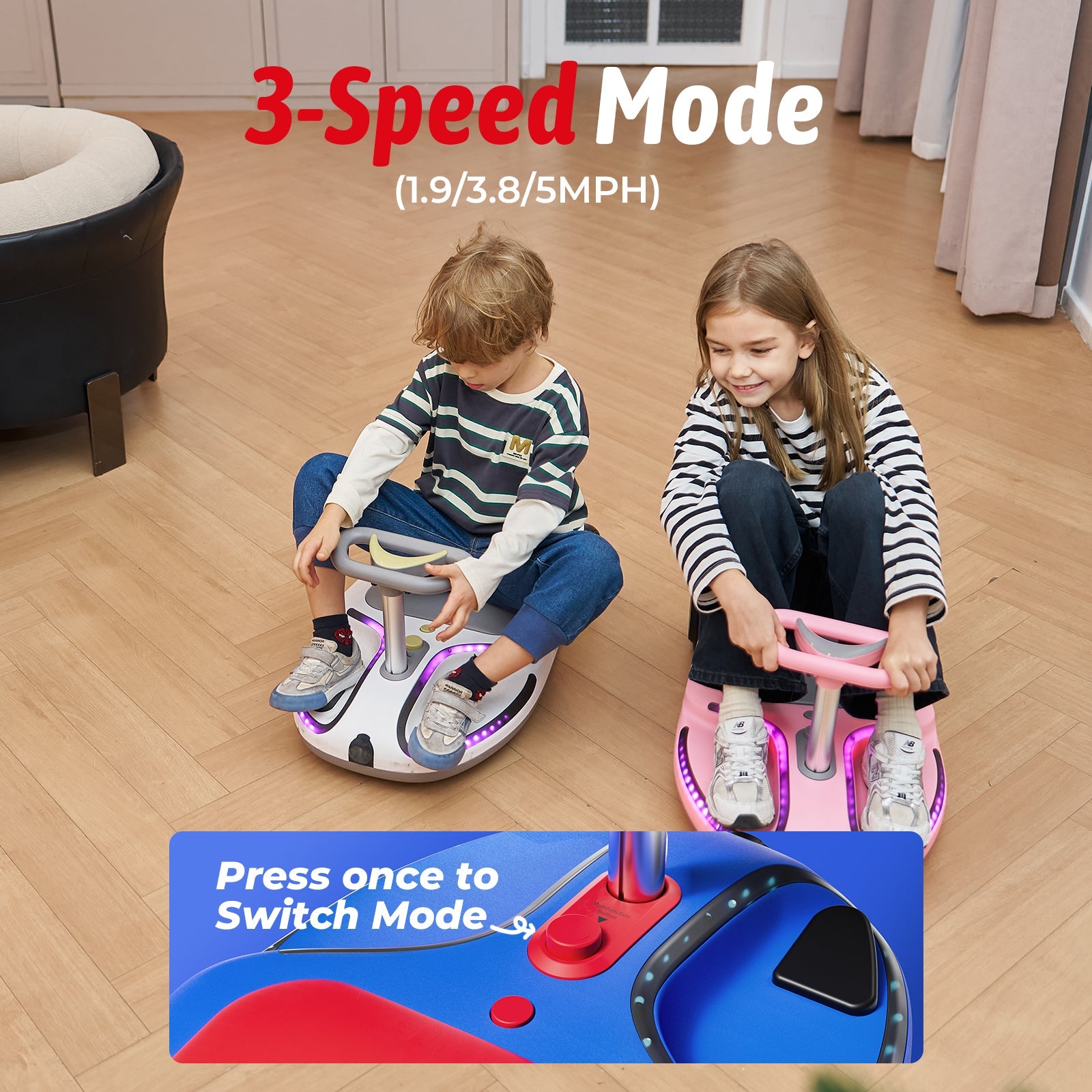 TC3 Electric Wiggle Car 4 in 1 Ride on Toy 3 Speed Modes For Ages 3+ with Lithium Rechargeable Battery&Pull Rope