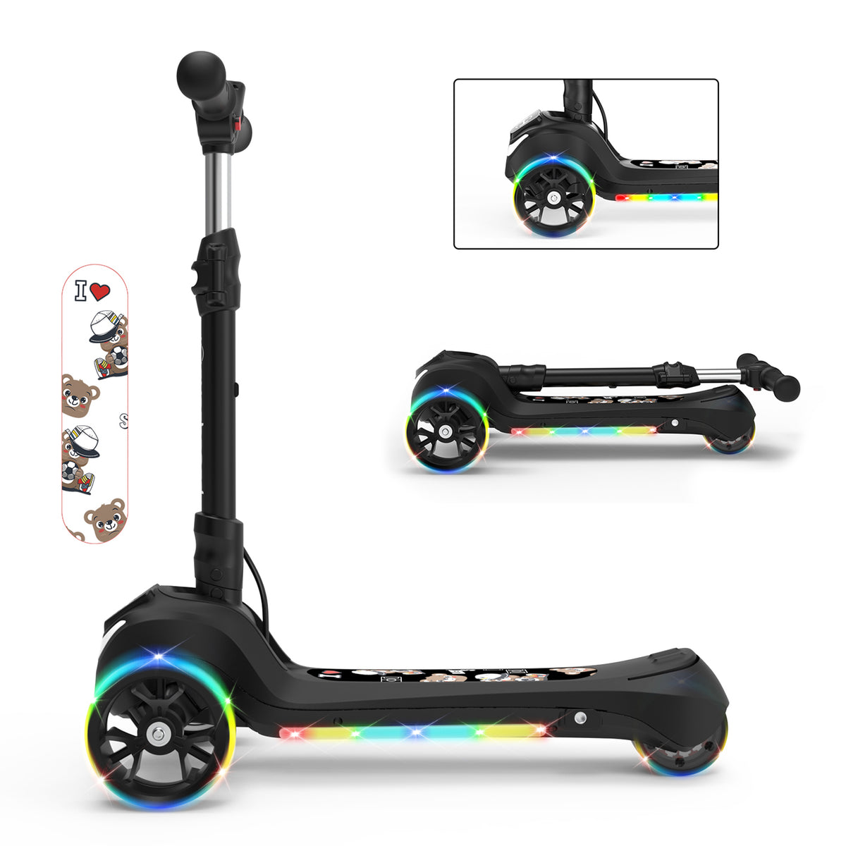 Electric Scooter for Kids Age 3-6, Light-Up Wheels & Pedal Foldable Kid Escooter, 5 Mph Max 3-Wheel Electric Ride On Toys (Black)