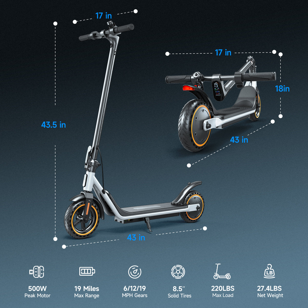 500W Electric Scooters with 19mi Range, Max 19mph Foldable Commuting Escooter for Adults, 8.5'' Solid Tires Portable E-Scooter for Teens