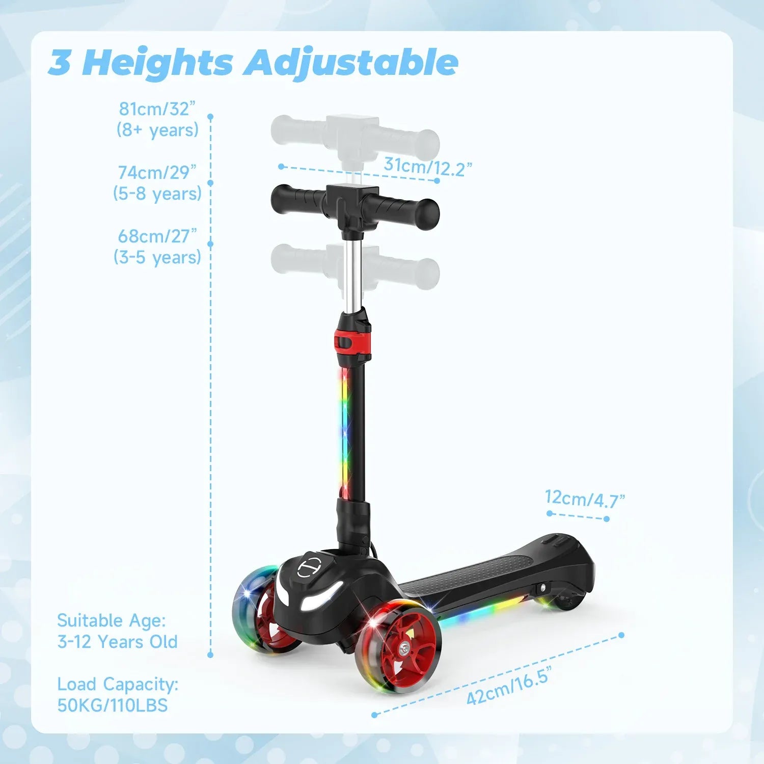 B2 Light Up 3-Wheels Scooter with Bluetooth Control for Age 3-8