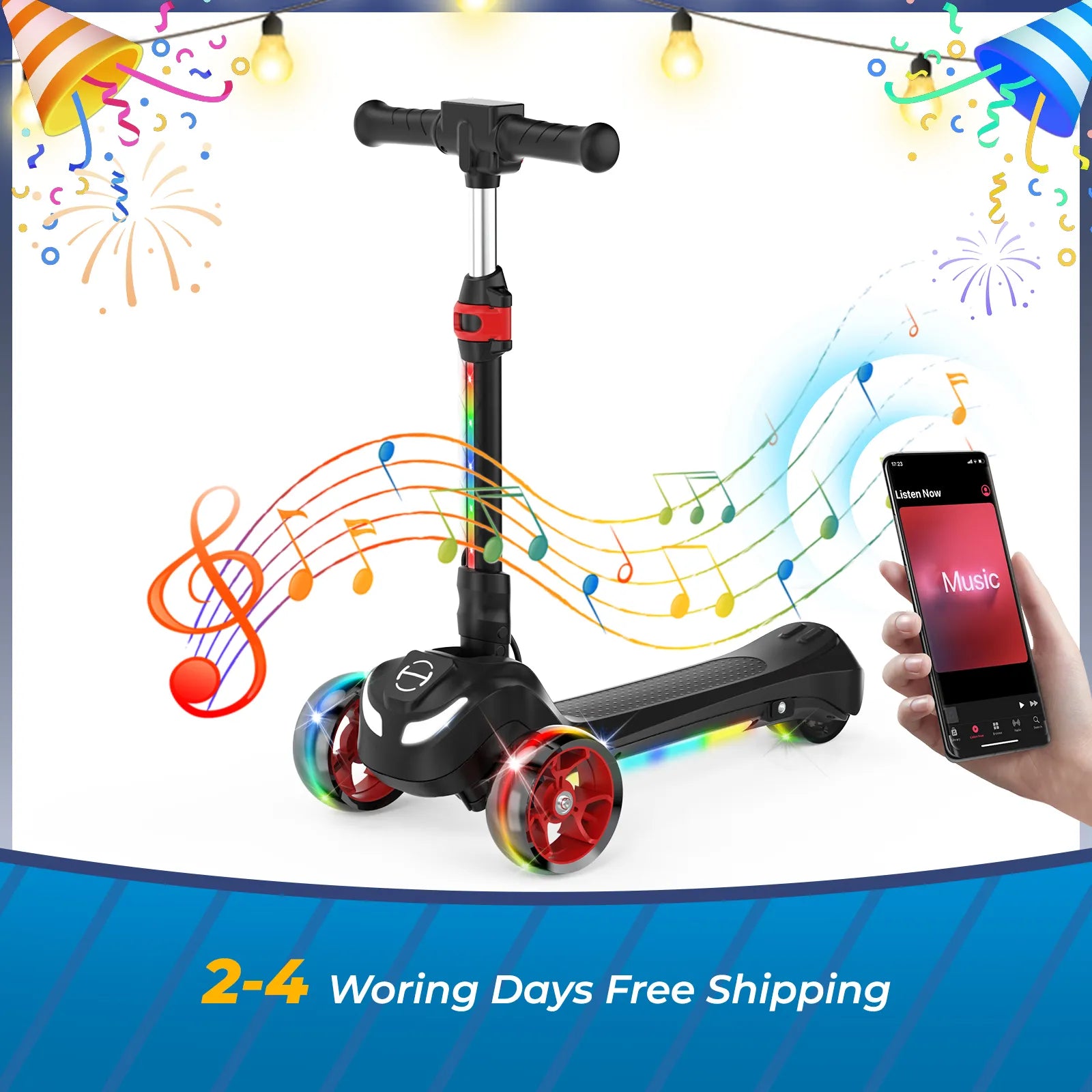 B2 Light Up 3-Wheels Scooter with Bluetooth Control for Age 3-8