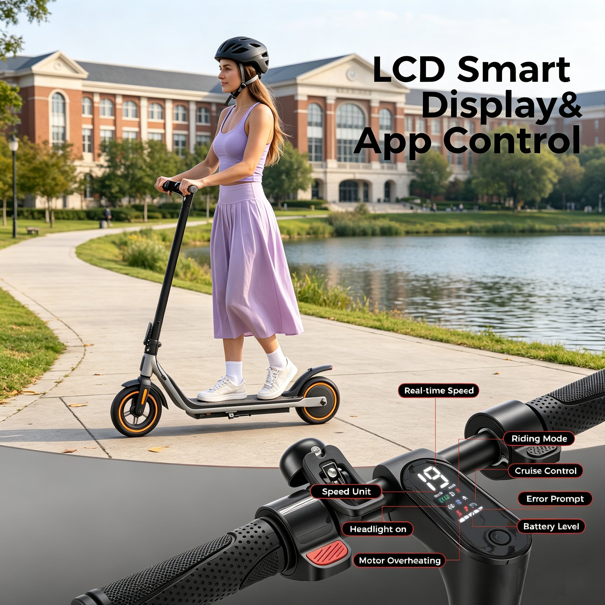 Adult Electric Scooter with Foldable Stem & Handlebar,8.5″Solid Tires,3 Speed Modes up to 18 mph, LED Display,and Cruise Control for Urban Commuting