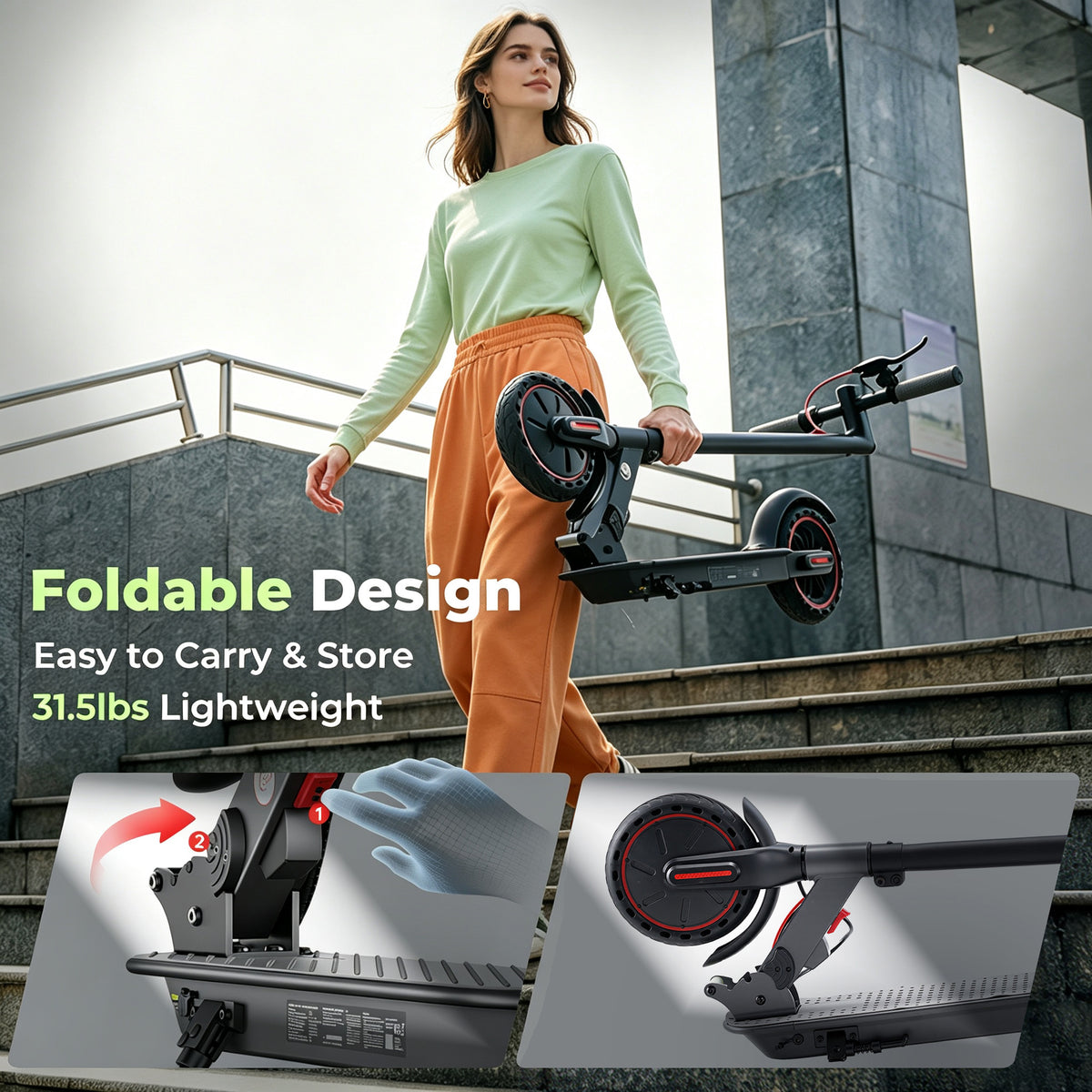 Foldable Electric Scooter for Adults,500W Peak Motor,Lightweight 28.4 lbs,21 Mile Range,Dual Braking System