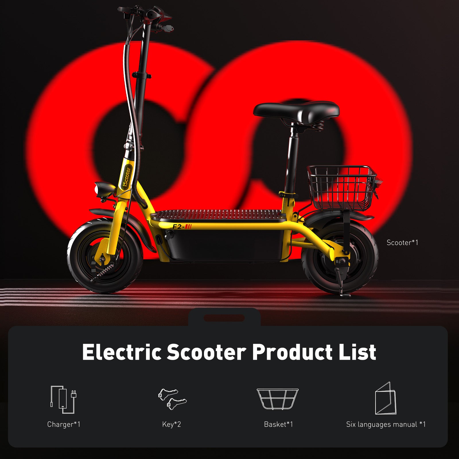 F2 Electric Scooter with Seat 10" Pneumatic Tire Yellow