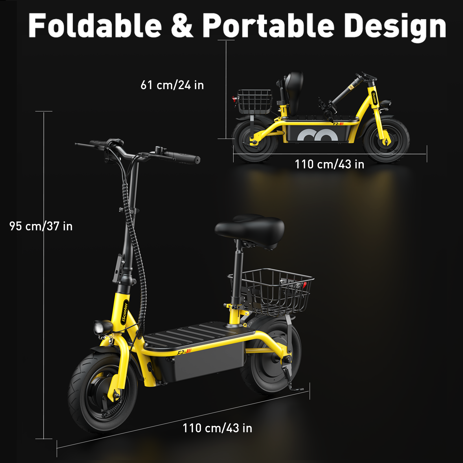 F2 Electric Scooter with Seat 10" Pneumatic Tire Yellow