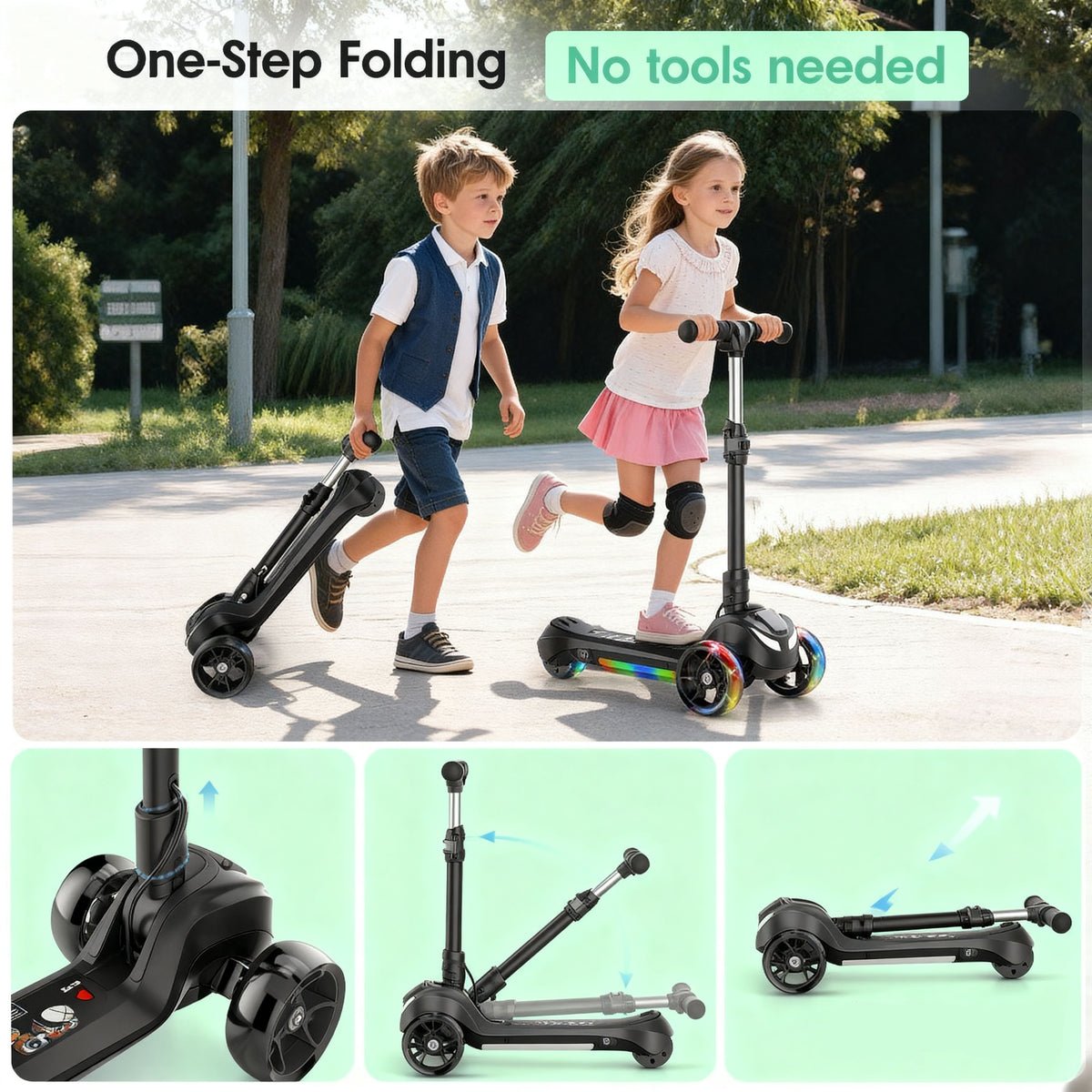 Electric Scooter for Kids Age 3-6, Light-Up Wheels & Pedal Foldable Kid Escooter, 5 Mph Max 3-Wheel Electric Ride On Toys (Black)