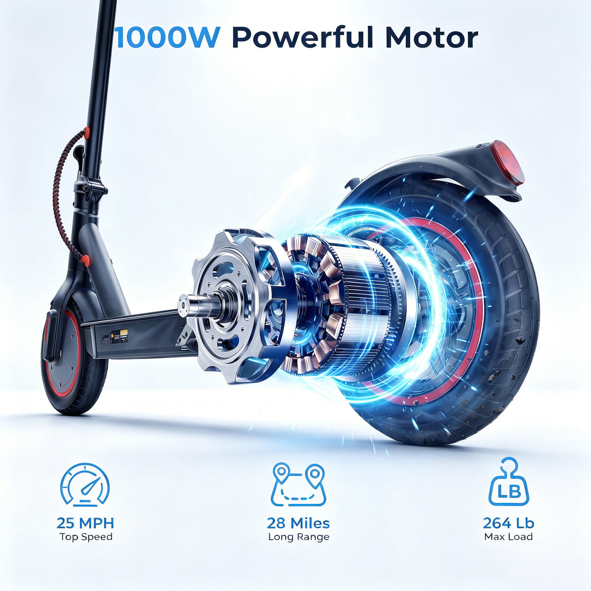 Electric Scooter for Adults, 1000W Motor, 36V 15Ah Battery, 22-28 Miles Range, 10" Pneumatic Tires, Foldable, App Lock, Rear Suspension