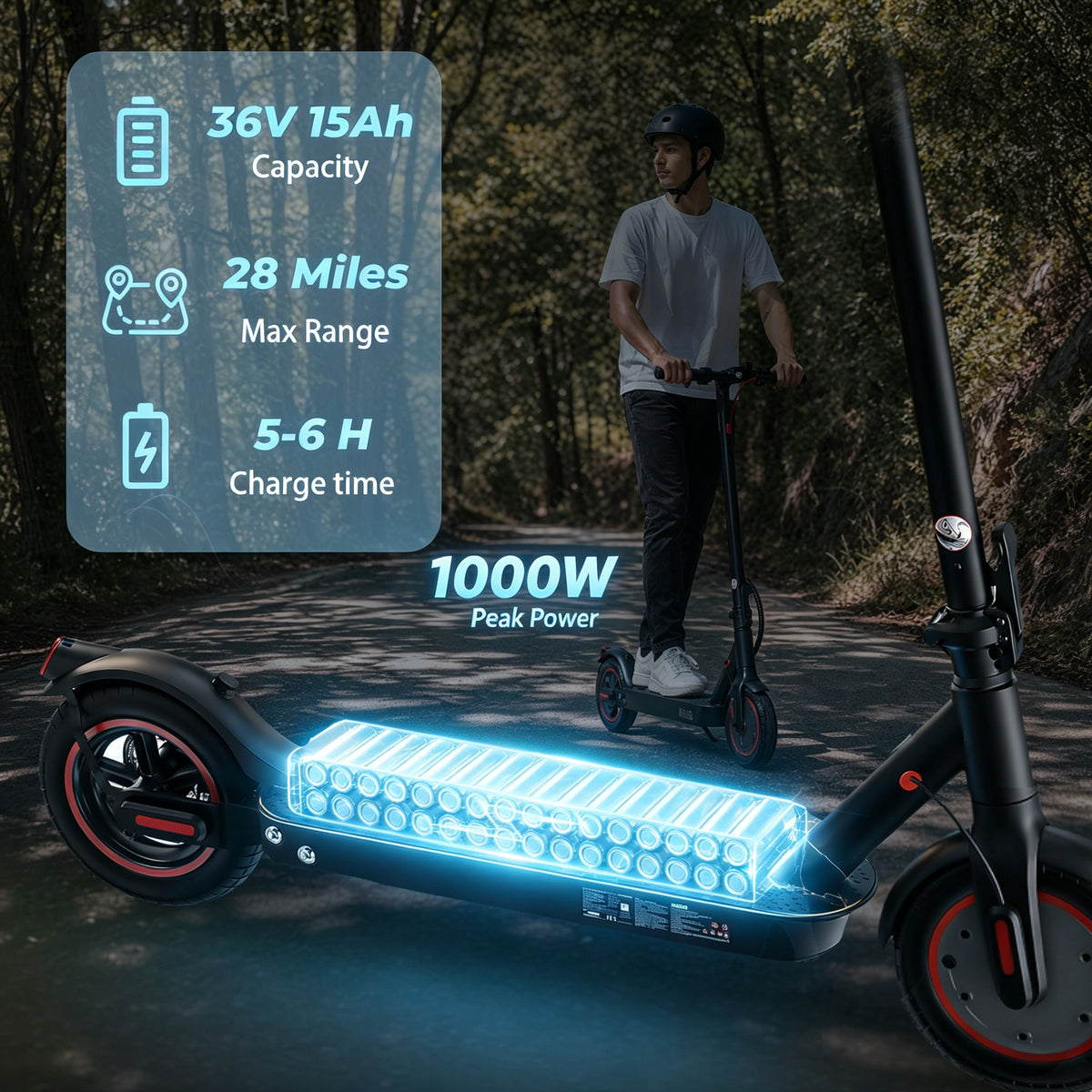 Electric Scooter for Adults, 1000W Motor, 36V 15Ah Battery, 22-28 Miles Range, 10" Pneumatic Tires, Foldable, App Lock, Rear Suspension