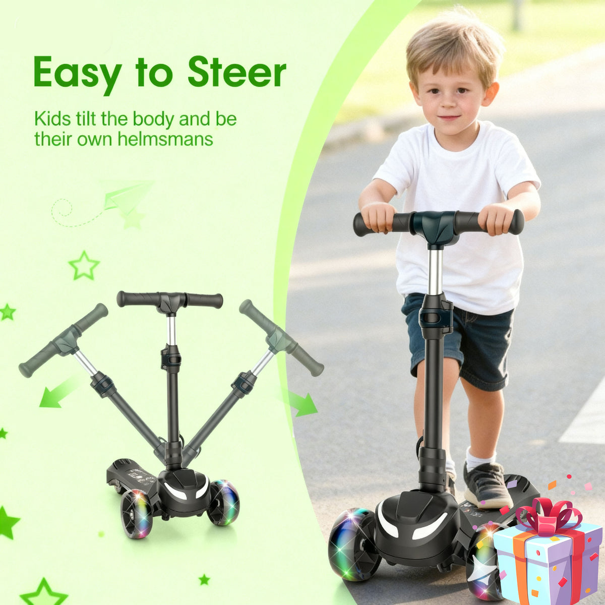 Electric Scooter for Kids Age 3-6, Light-Up Wheels & Pedal Foldable Kid Escooter, 5 Mph Max 3-Wheel Electric Ride On Toys (Black)