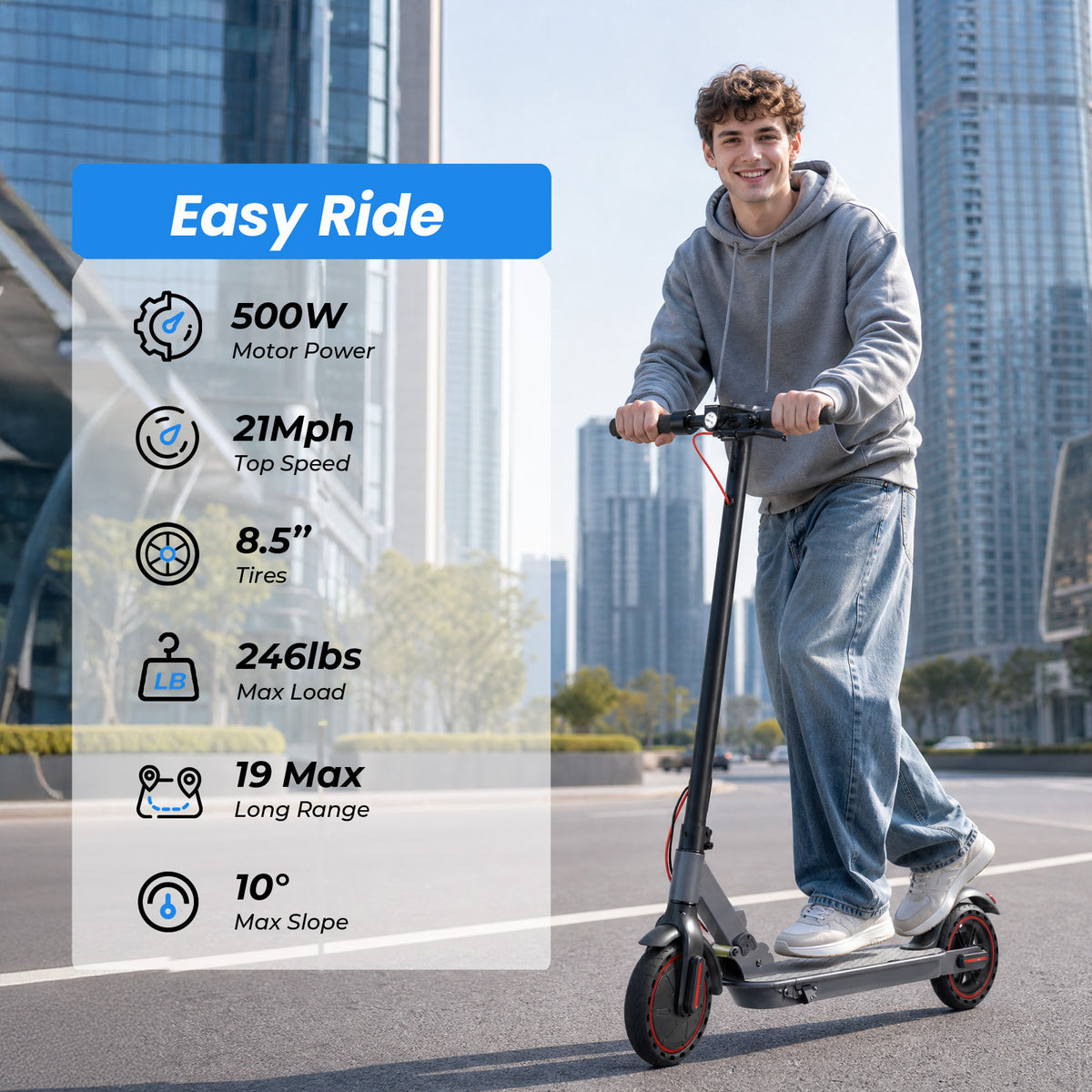 21MPH Electric Scooter for Adults,500W Peak Motor,36V 7.8Ah Battery,15-21 Miles Range,Foldable Design,Disc Brake,LED Headlight,Black