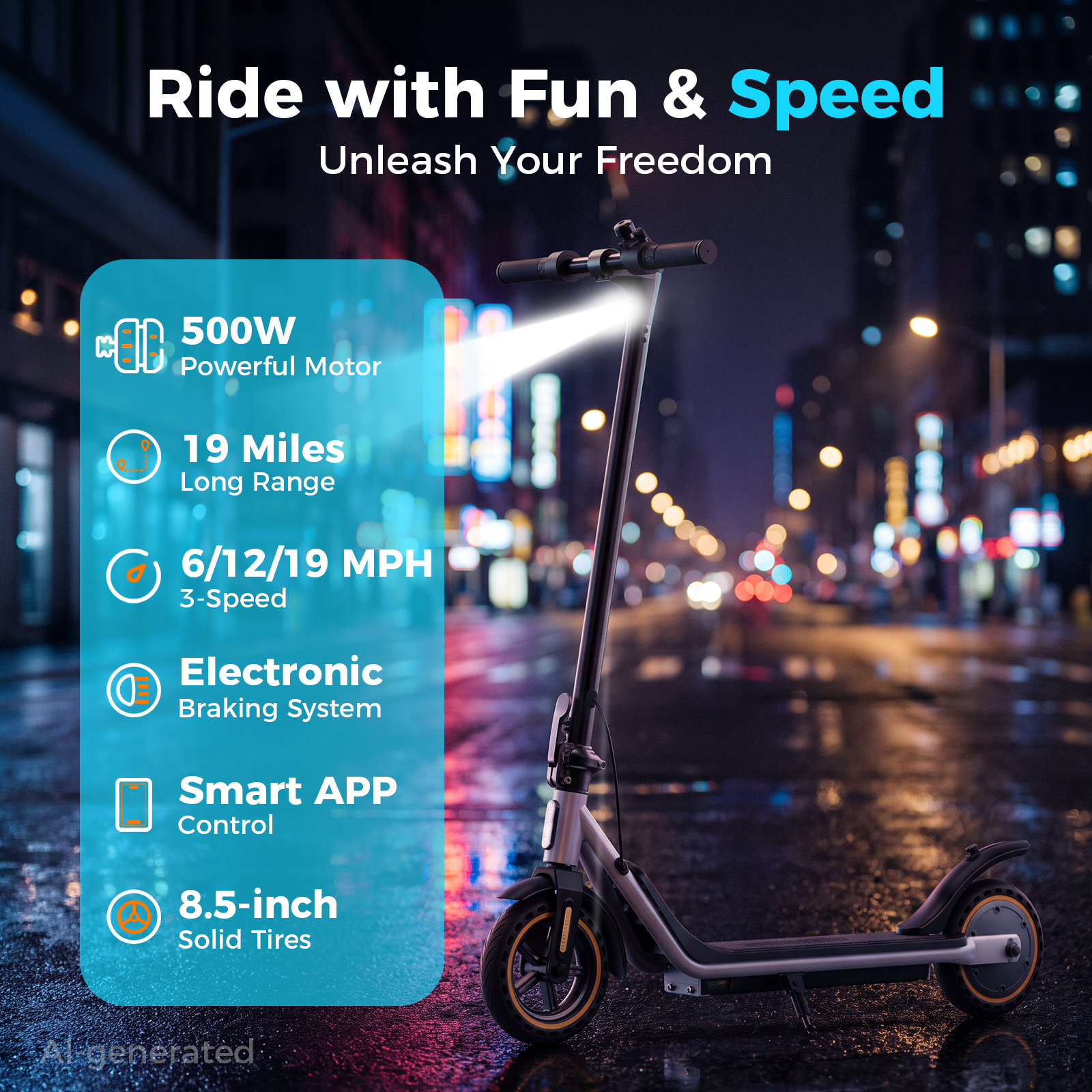 500W Electric Scooter for Adults Teens, Max 21 Miles Range 21 Mph, Portable Commuting Escooter, Smart APP Foldable E-Scooter, Cruise Control, IN3